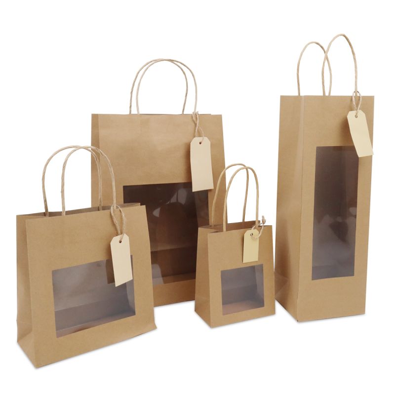 Twisted paper gift bags with window and hang tag